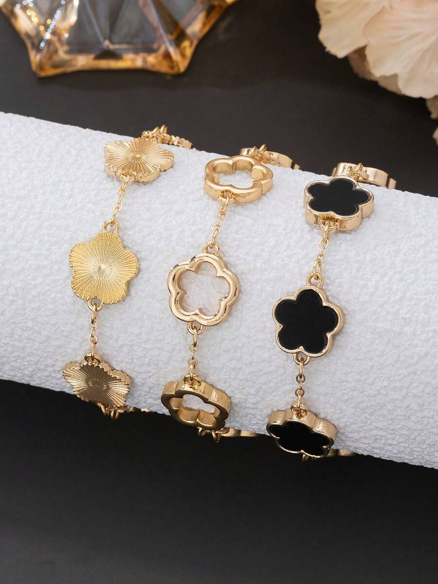 3 件经典镂空纹理金色和黑色三叶草串珠手链套装，适合女士，可堆叠且用途广泛（无礼盒） - 彩色 - 查看 1