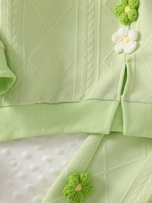 2 件套女婴时尚韩版休闲绿色花卉装饰纹理运动衫和不对称下摆裤子套装，秋冬 - 綠色 - 查看 4