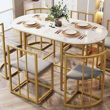 Six-Chair Dining Table Set:(White Table, Chairs With Backrests And Gray Upholstery, Gold Iron Frame),Dining Room Table And Chair Set,Modern Dining Table Combination - Gold - View 10