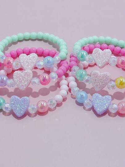 6 件/套女孩可爱心形串珠手链，彩色儿童珠宝手链套装，适合女孩上学、生日、节日派对、礼物、休闲、校园、度假穿着，颜色随机