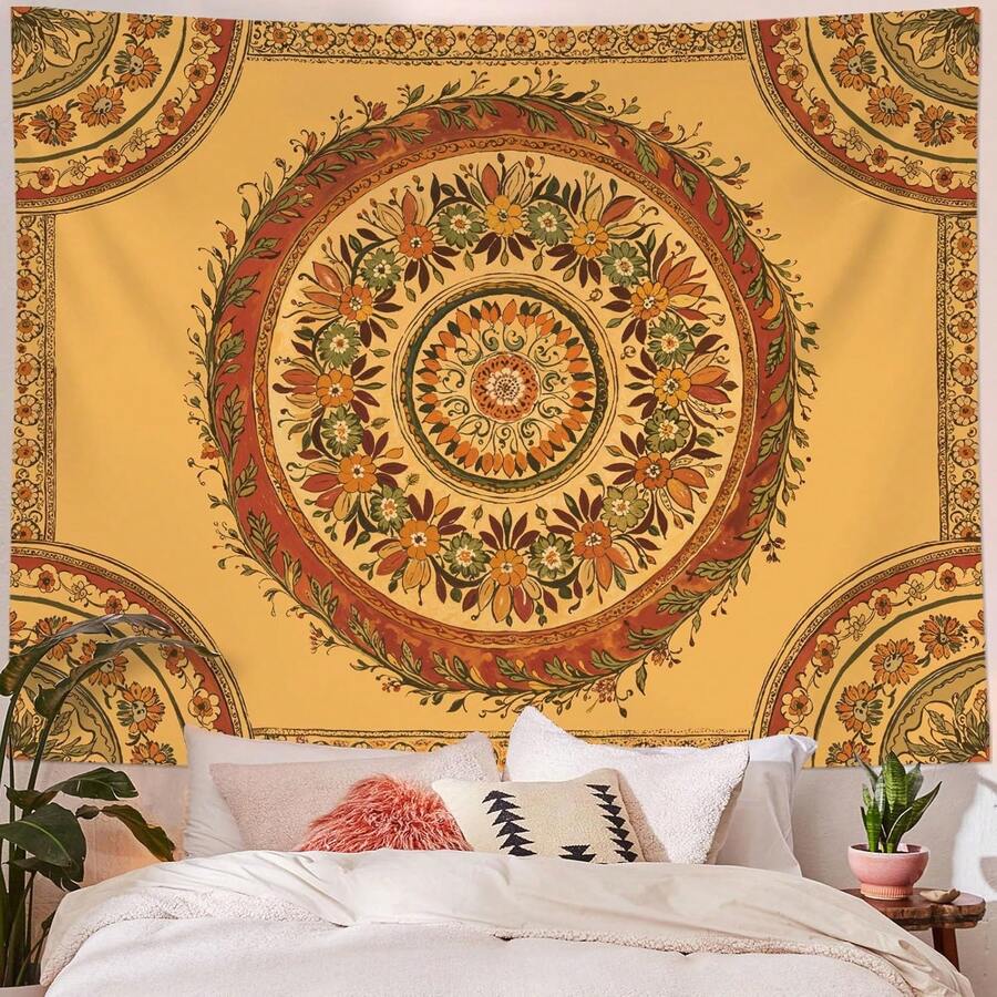 Boho Mandala Tapestry Wall Hanging Bohemian Floral Flower Medallion Tapestry Aesthetic Wall Art Large Green Yellow Hippie  Tapestries, Vintage Wall Decor Banner For Living Room Bedroom Dorm Home Decor(40x30inch/60x40inch/60x51inch/80x60inch) - 橙黃色 - 查看 1