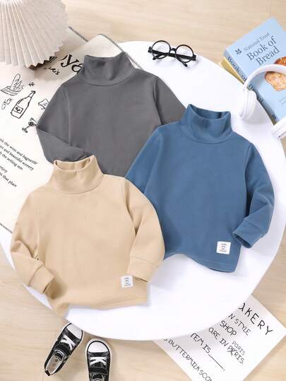 3pcs Boys' Casual Cute Outfit Set, Soft & Comfortable, Solid Color With Embroidered Details Long Sleeve Turtleneck T-Shirt, Autumn