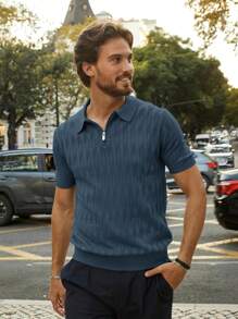 Men's Quarter Zip Polo Shirts Short Sleeve Textured Knit Polo T Shirt Business Casual Golf Shirts-2025