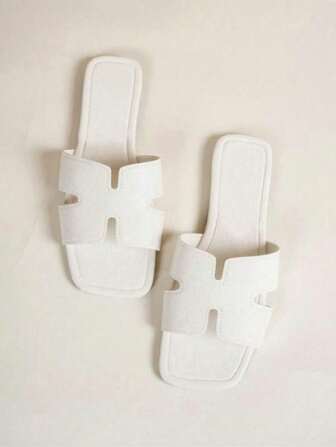 Women's Flat Sandals, Square Toe, Beige & Black, Versatile, Spring/Summer New Arrival New Fashionable H-Shaped Women Slide Sandals