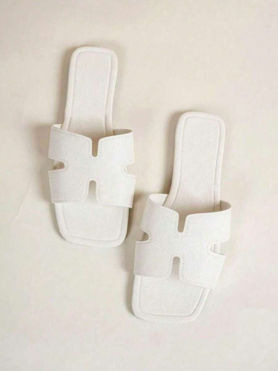 Sandalias planas para mujer, con punta cuadrada, en beige y negro, versátiles, nuevas llegadas de primavera/verano, nuevas sandalias deslizantes con diseño en H para mujer de moda - Blanco - Ver 1