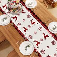 1/25pcs Christmas Red & Black Plaid, Reindeer & Snowflake Printed Linen Table Runner, Suitable For Holiday Parties, Birthday Dinners, Kitchen & Dining Room Decor, Furniture & Home Textile Decor. It Is A Multi-Purpose Home Decor Item Applicable For All Seasons, Perfect For Party/Holiday Decorations, And Also An Excellent Gift For Parents And Friends.