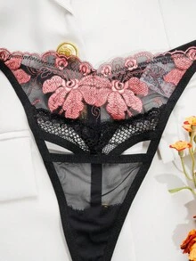 女士性感内衣套装聚拢钢托文胸花朵刺绣两件套 - 黑色 - 查看 8