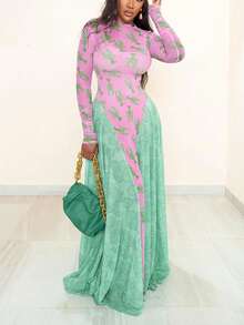 Đầm nữ kiểu vintage mới, cổ tròn, phối màu tương phản, dáng rộng, tay dài, in họa tiết, màu hồng, thanh lịch, mùa xuân. - Hồng - Xem 2