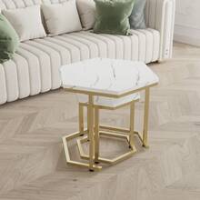 Set Of 2pcs Hexagonal Shape Side End Tables Nested Tables Sofa Lamp Tables Small Coffee Tables Marble Effect MDF Top Board Metal Frame For Dining Room Living Room Bedroom - White - View 6