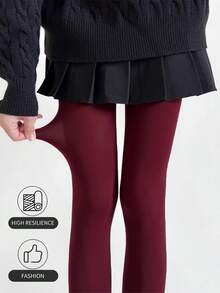 Plus Size Women's Burgundy Sheer Leggings/Tights, Fashionable High Elasticity Slimming Pants Suitable For Business, Office, And Casual Wear