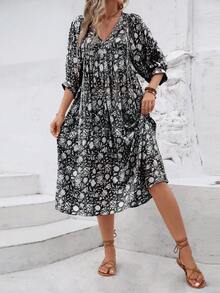 Allover Floral Print Smock Dress - Black - View 3