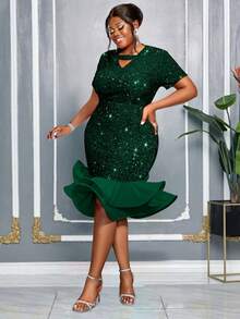 AOMEI Plus Size Sequin Mermaid Ruffle Hem Gorgeous Festival Party Dress Short Sleeve Wedding Guest Outfits