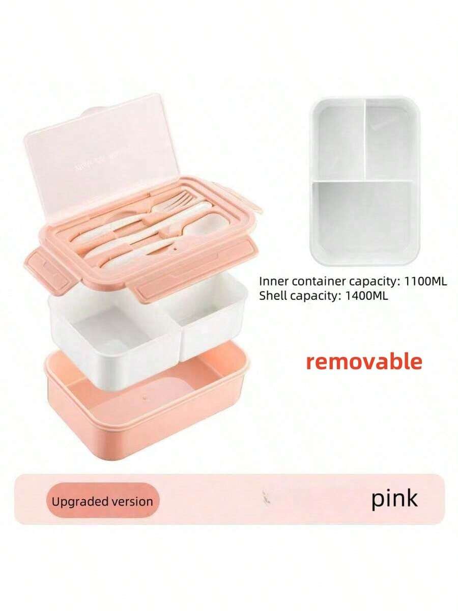 1pc Pink Lunch Box With Utensils, 1400ml Adult Bento Box With 3 Compartments, Microwave For Work, Picnic, Camping, Back To School