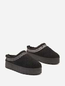 Platform Snow Boots With A Very Low Shaft Decorated With Sheepskin Fur - Black - View 5