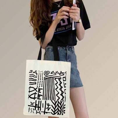 추상적 선 토템 프린트 패턴 숄더백, 조절 가능한 스트랩이 있는 패션 캔버스백, 여성용 토트백, 업무, 쇼핑, 학교, 야외, 선물에 적합