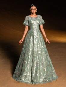 GIFORU Luxury Pastel Green Floral Sequin Gown - Puffed Sleeves A-Line Evening Dress With V Back & Crystal Embroidery For Art Gallery Openings, Vienna Balls And Luxury Galas Wedding Prom Dress Wedding Dresses For Bride Formal Dresses For Women White Dress New Year Elegant Dresses For Party Elegant Long Graduation Dress Sparkly Dress - Cỏ xanh - Xem 4