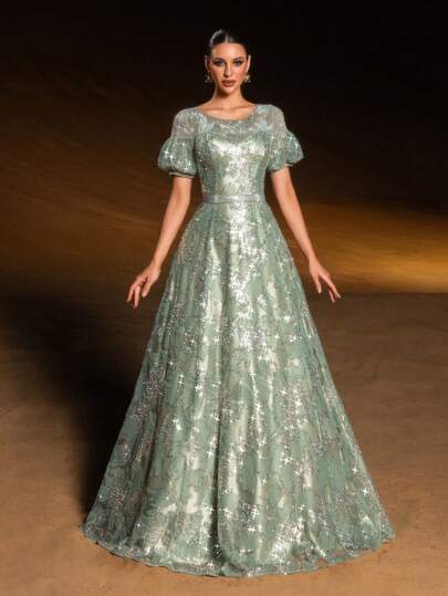 GIFORU Luxury Pastel Green Floral Sequin Gown - Puffed Sleeves A-Line Evening Dress With V Back & Crystal Embroidery For Art Gallery Openings, Vienna Balls And Luxury Galas Wedding Prom Dress Wedding Dresses For Bride Formal Dresses For Women White Dress New Year Elegant Dresses For Party Elegant Long Graduation Dress Sparkly Dress