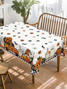 1 pezzo Tovaglia retrò di Ognissanti con stampe di carretto di zucche, gnomi e lapidi, decorazione a motivo di bufalo d'acqua, tovaglia rettangolare/quadrata impermeabile, utilizzata per feste e decorazione per pranzo interno/esterno