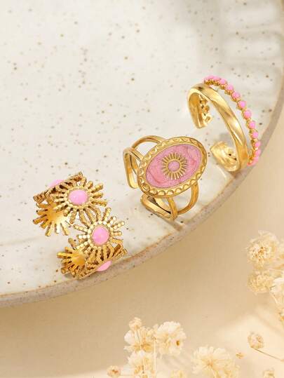 3 pièces Ensemble de bagues ouvertes en acier inoxydable doré soleil et goutte d'huile rose, convient pour la décoration quotidienne ou en cadeau pour femmes