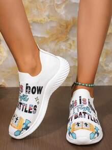 scarpe sportive casual da donna con stampa a lettere, suola in EVA, tomaia in tessuto, versatile per uso quotidiano casual e sport, adatto per tutte le stagioni