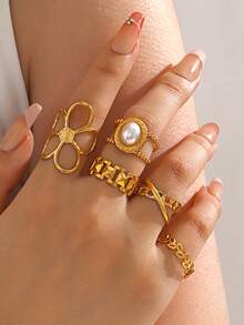 5pcs Stainless Steel 18K Gold Plated Fashionable Floral Oval Chain Open Rings, Suitable For Women's Daily Wear - Multicolor - View 2