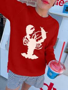 Women's Autumn/Winter Fashion Casual Vintage Contrast Color Shrimp Jacquard Knit Pullover Sweater Red Fall - Red - View 2