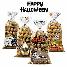 50 pièces de sacs transparents pour collations, bonbons, thème d'Halloween avec imprimés de citrouilles et de crânes. Sacs cadeaux d'emballage pour fête de vacances avec attaches torsadées