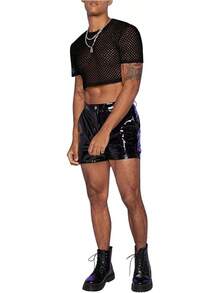 Men's Fishnet Mesh Tee Shirt Round Neck Short Sleeve Crop Top - 黑色 - 查看 2