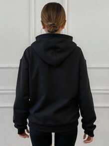 sudadera unicolor con capucha y diseño en los cordones ajustables  Liso    Casual    Bolsillo  Cordón    Colegio - Negro - Ver 3