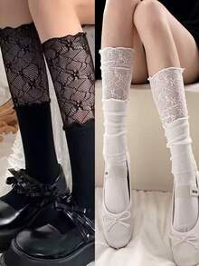 1 Đôi tất cao đến đầu gối phối ren xếp nếp phong cách ballet xuân/hè, phong cách Y2K dành cho nữ - Nhiều màu - Xem 2