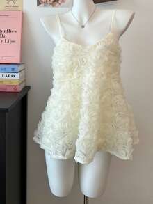 女士春季新品简约宽松优雅小众3D花卉无袖甜美吊带背心，夏季服装 - 杏色 - 查看 2