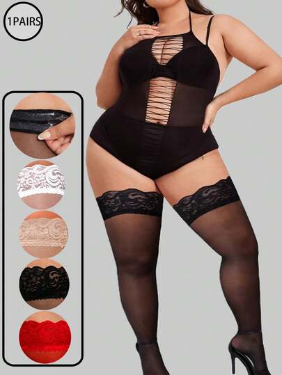 女士加大码大腿袜 - 黑色蕾丝上衣透明大腿袜，内衣袜连裤袜，Y2k，E-Girl