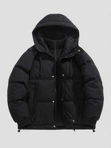 男士户外运动休闲连帽加厚羽绒服，时尚纯色，适合日常穿着，冬季适用 - 黑色 - 查看 1