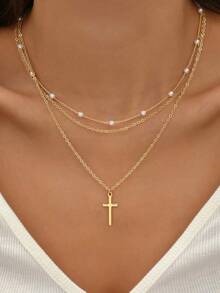 2pcs Women's Faux Pearl & Cross Pendant Necklace (Random Pearl Quantity) - 黃金 - 查看 1