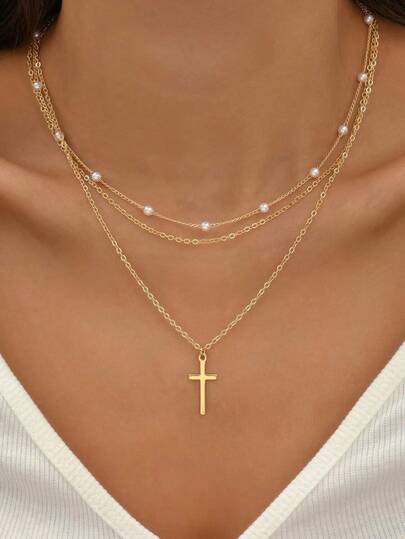 2pcs Women's Faux Pearl & Cross Pendant Necklace (Random Pearl Quantity)