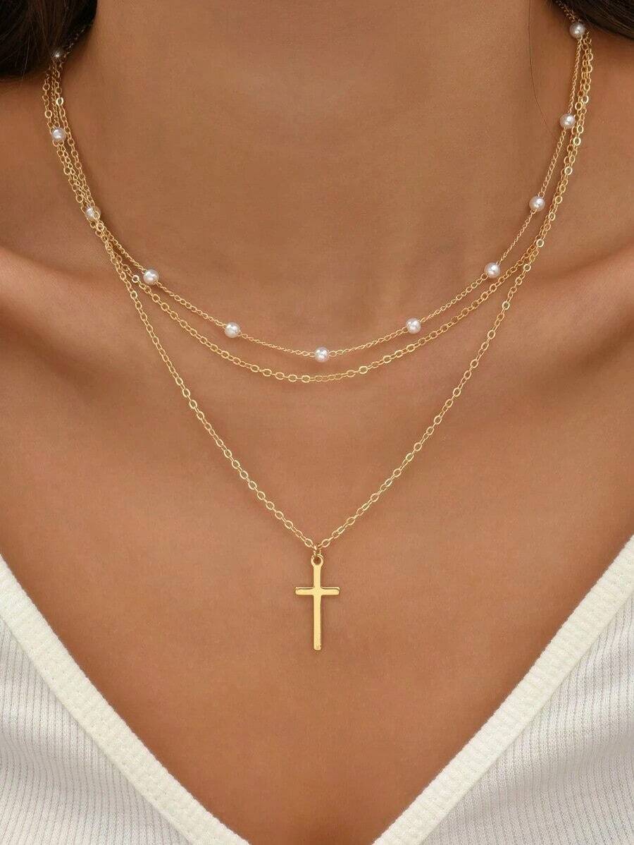 2pcs Women's Faux Pearl & Cross Pendant Necklace (Random Pearl Quantity) - 黃金 - 查看 1