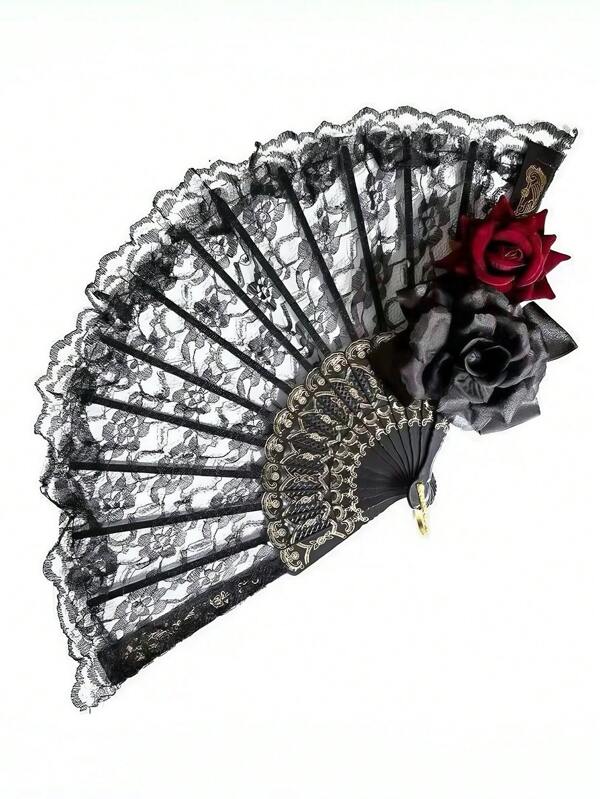 1pc Halloween Costume Prop Gothic Lace Rose Handheld Fan, Photo Prop For Party, Sexy Lace Decor Accessory