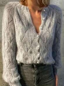 Cardigan elegante a girocollo con maniche lunghe e bottoni in perla, di colore grigio tinta unita, adatto per l'ufficio, feste e occasioni sociali in autunno | Comodo da indossare