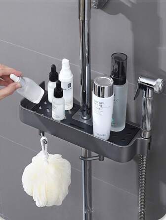 1pc No Drill Shower Caddy, Plastic Bathroom Shower Shelf Adjustable Holder