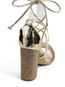 Comfortable Chunky Heeled Strappy High Heels, Elegant, Stylish, And Perfect For The Holidays. - Gold - View 2