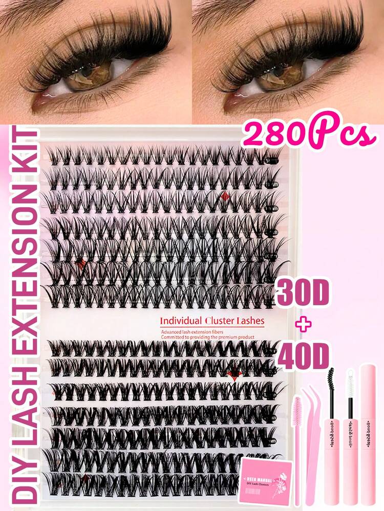 800/280pcs Mixed Length False Eyelashes, Including 30D, 40D, 60D, 80D Lash Clusters, Comes With Eyelash Glue And Brush, Suitable For DIY At Home, Beginner-Friendly, Natural & Thick, Ideal For Creating Bold Makeup Looks. Eyelash Cluster Set, Eyelashes, False Eyelashes - Black - View 6
