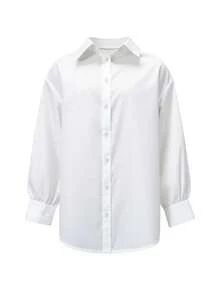 Women Modest Long Sleeve Plaid Shirt Collar Button Front Regular Top In Woven Fabric - White - View 4