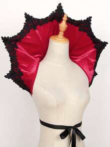 1pc Halloween Gothic Witch Queen Velvet Skeleton Lace Stand Up Collar Cloak, Suitable For Halloween Outing, Artistic Costume Accessories (Red), Made Of Polyester Fiber