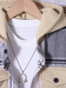 两件套男童格子连帽衫带口袋和运动裤套装，休闲百搭，适合秋冬季 - 卡其色 - 查看 4