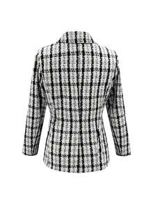 1pc Plaid Button Faux Pocket Women Blazer Jacket - Black and White - View 4