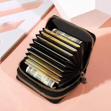 Monedero corto con cremallera para mujeres, patrón de lichi, moda, gran capacidad, monedero con múltiples ranuras y cremallera - Negro - Ver 2