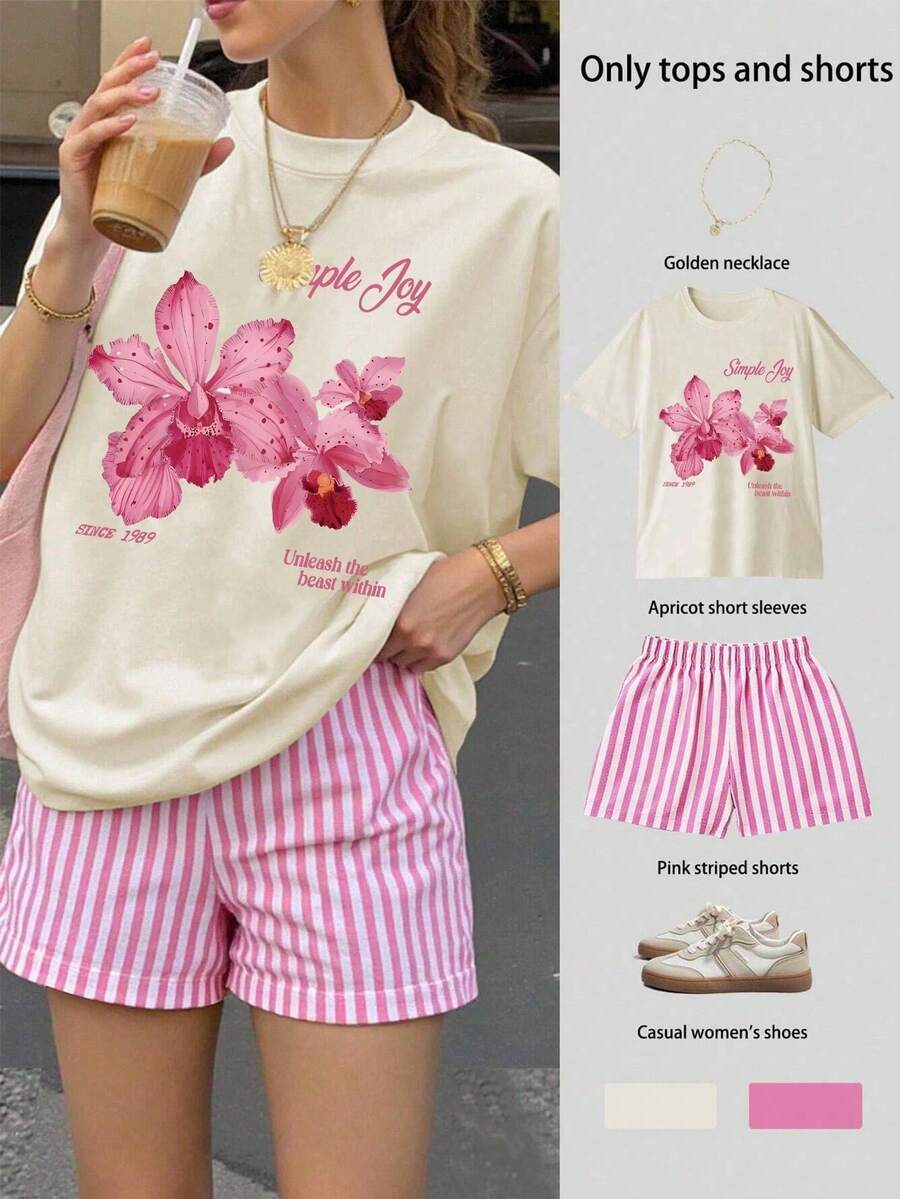 2 pcs Set de 2 piezas de mujer con blusa de manga corta con estampado floral de verano y shorts elásticos de cintura a rayas - Beis - Ver 1