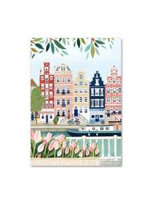 1 pieza Pintura en lienzo de arte de pared con ilustración minimalista abstracta de paisaje, ciudad, viaje y fruta para decoración del hogar y sala de estar