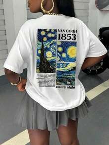 Camiseta casual para mujer, tributo a la obra maestra de Van Gogh "La noche estrellada" y patrón numérico de 1853, cómoda y versátil para primavera/verano, con cuello redondo y manga corta, estampada de manera elegante - Blanco - Ver 1