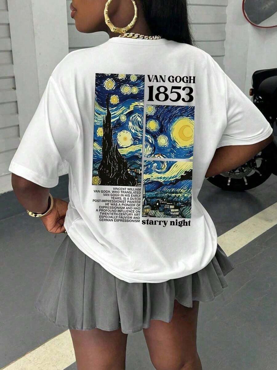 Camiseta casual para mujer, tributo a la obra maestra de Van Gogh "La noche estrellada" y patrón numérico de 1853, cómoda y versátil para primavera/verano, con cuello redondo y manga corta, estampada de manera elegante - Blanco - Ver 1